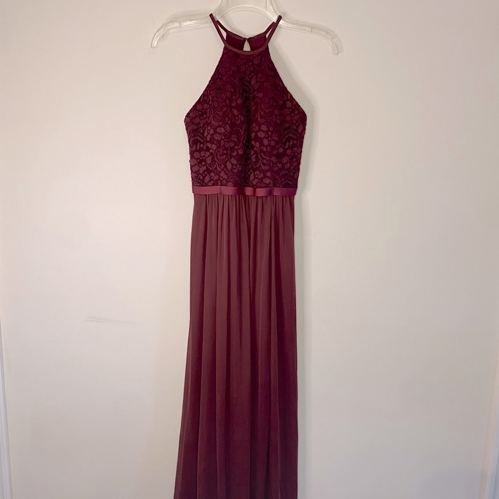 David's Bridal Maxi Length Floral Halter Top‎ Wine Color Prom Formal Dress 0